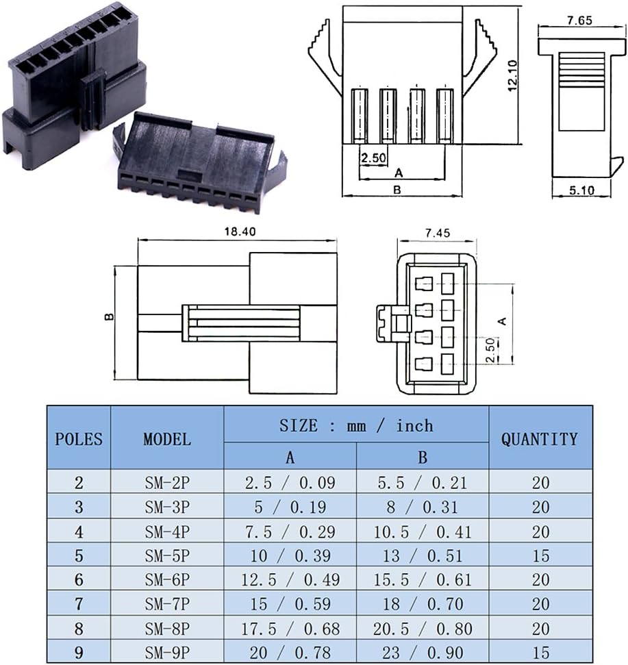 Two to nine pin black connector housings and dimensions