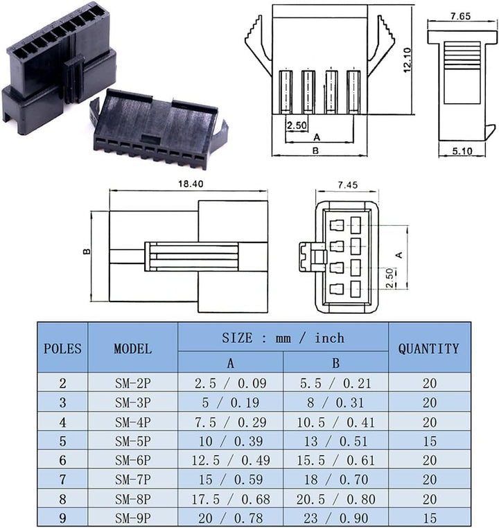Two to nine pin black connector housings and dimensions