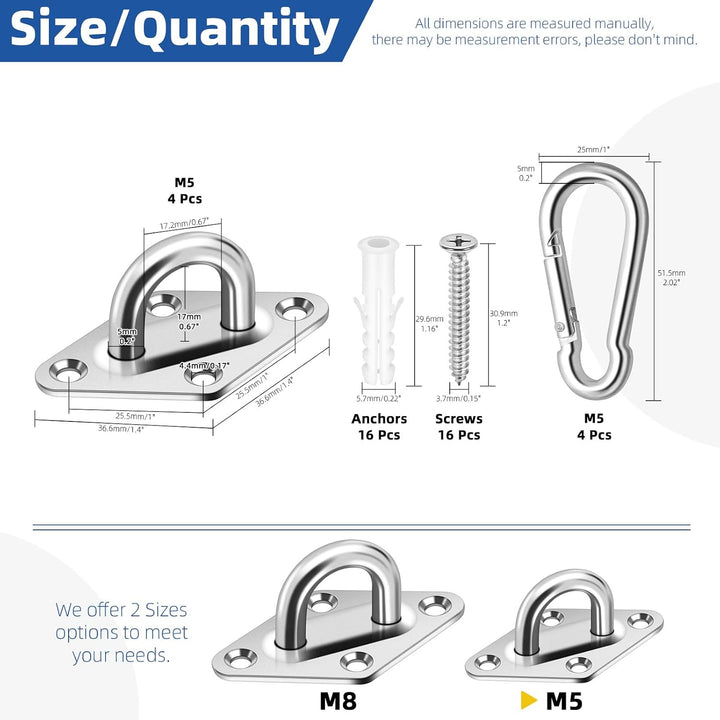 Kit dimensions and quantities for M5 hooks screws and anchors