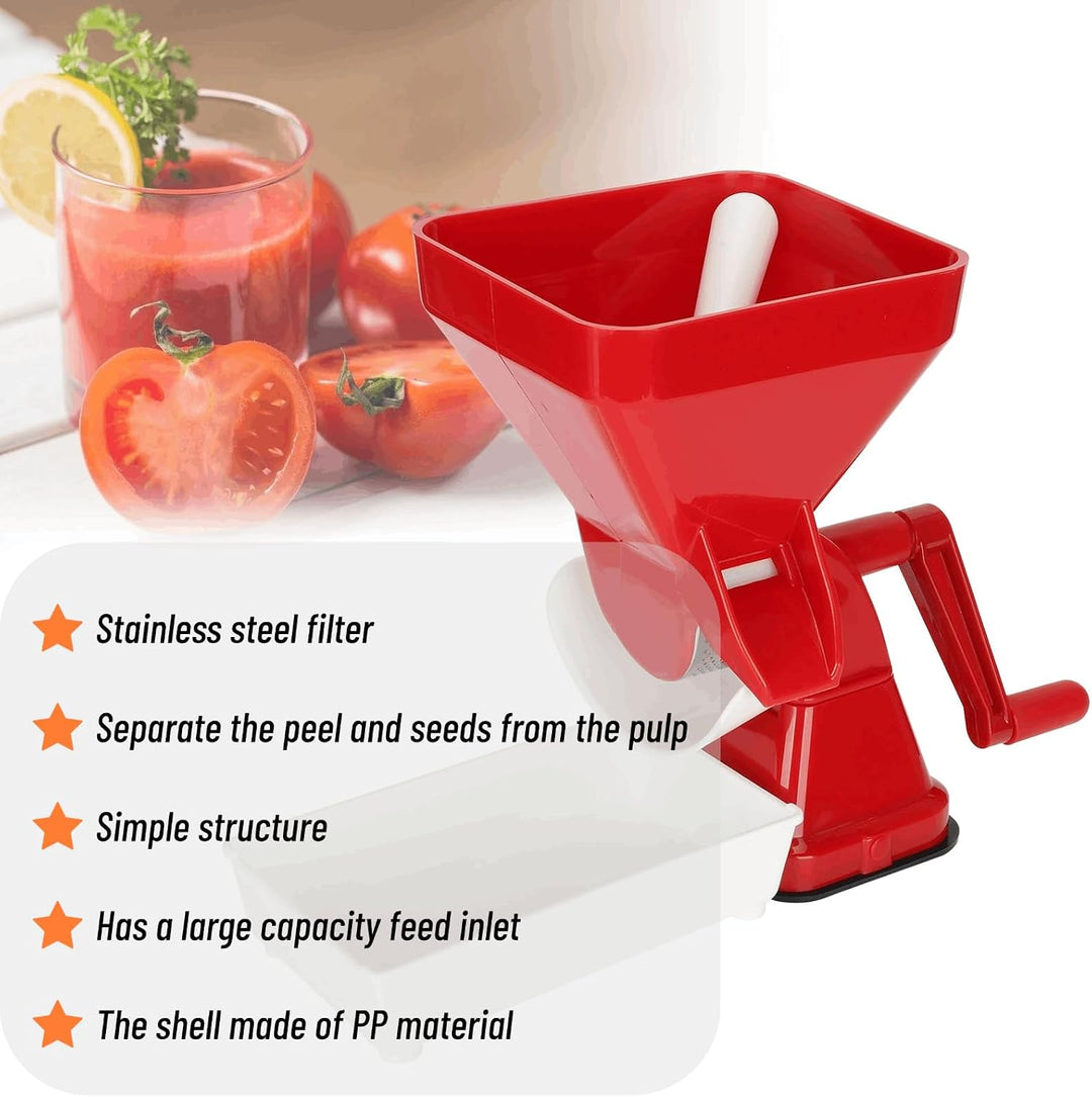 Red tomato press and stainless steel filter feature