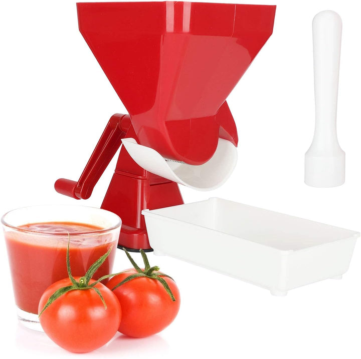 Rear view of hand-crank tomato press and tray