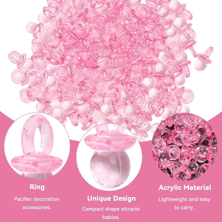 Pile of pink acrylic pacifier charms and close-ups