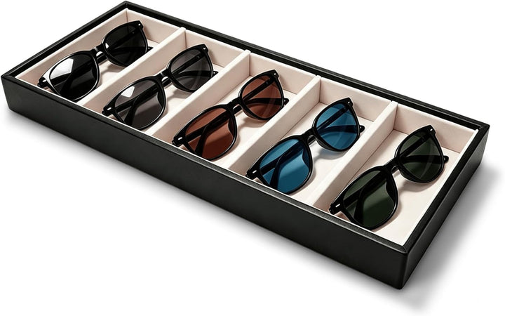 Black five-slot glasses tray holding sunglasses