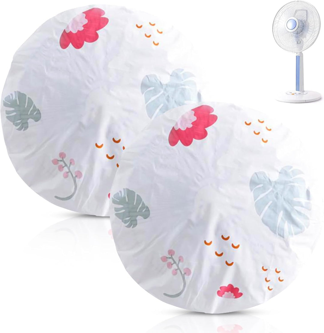 Two white floral 48 cm round fan dust covers