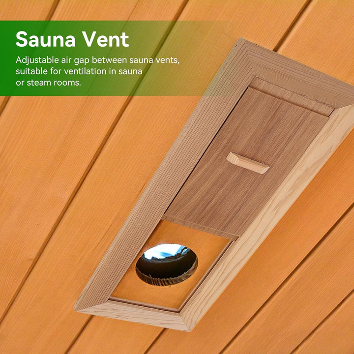 Sliding wooden sauna vent installed overhead