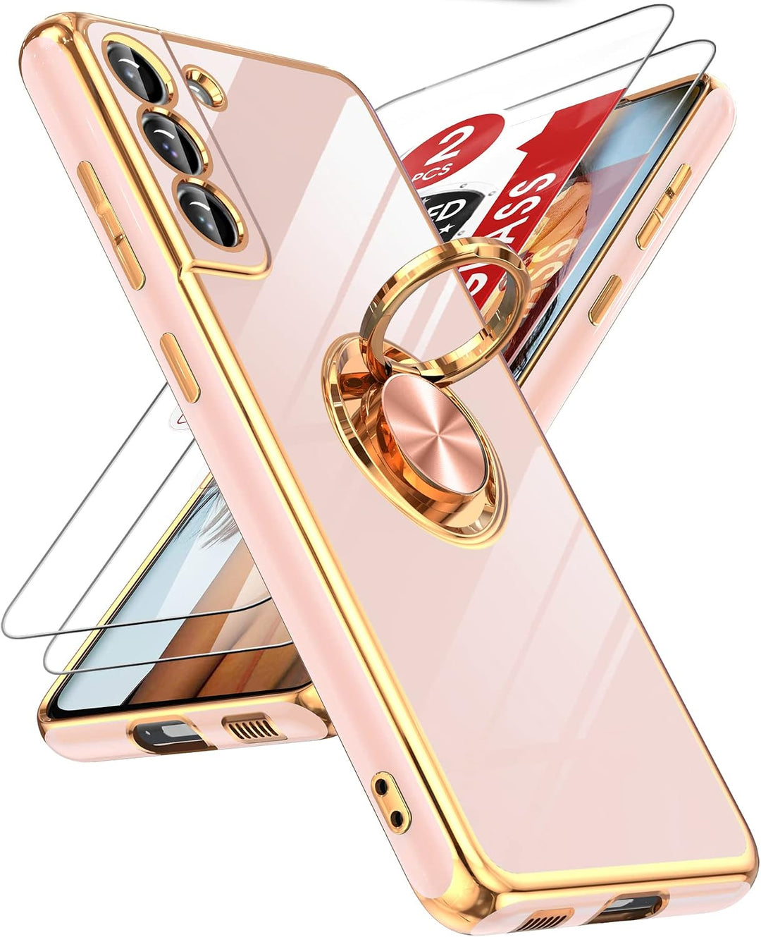 Pink Galaxy S21 FE case with ring stand and screen protectors