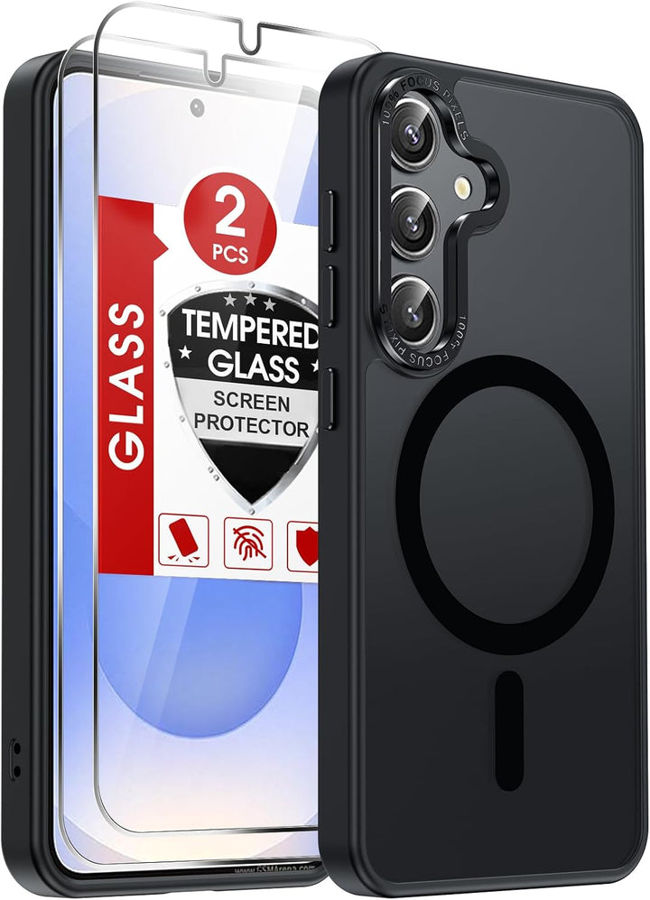Black magnetic Samsung Galaxy S25 case with two screen protectors