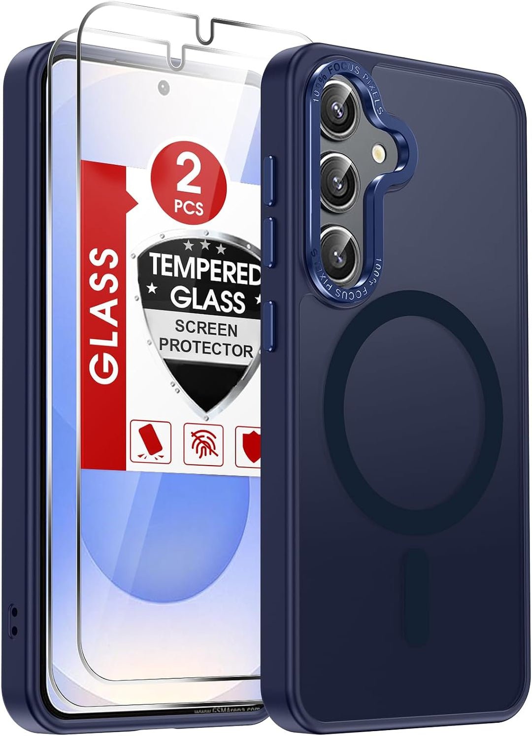 Blue Samsung Galaxy S25 magnetic matte case with two screen protectors