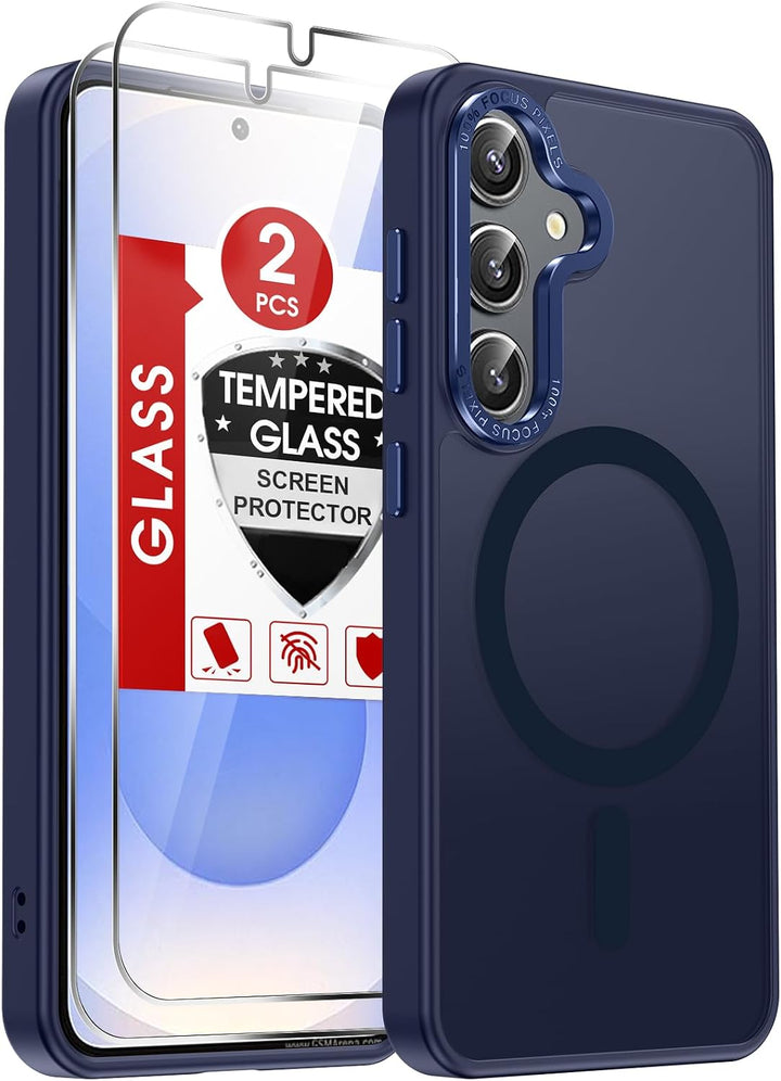 Blue Samsung Galaxy S25 magnetic matte case with two screen protectors