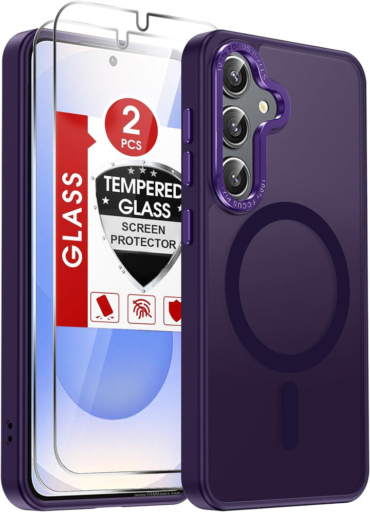 Purple Samsung Galaxy S25 magnetic matte case with two screen protectors
