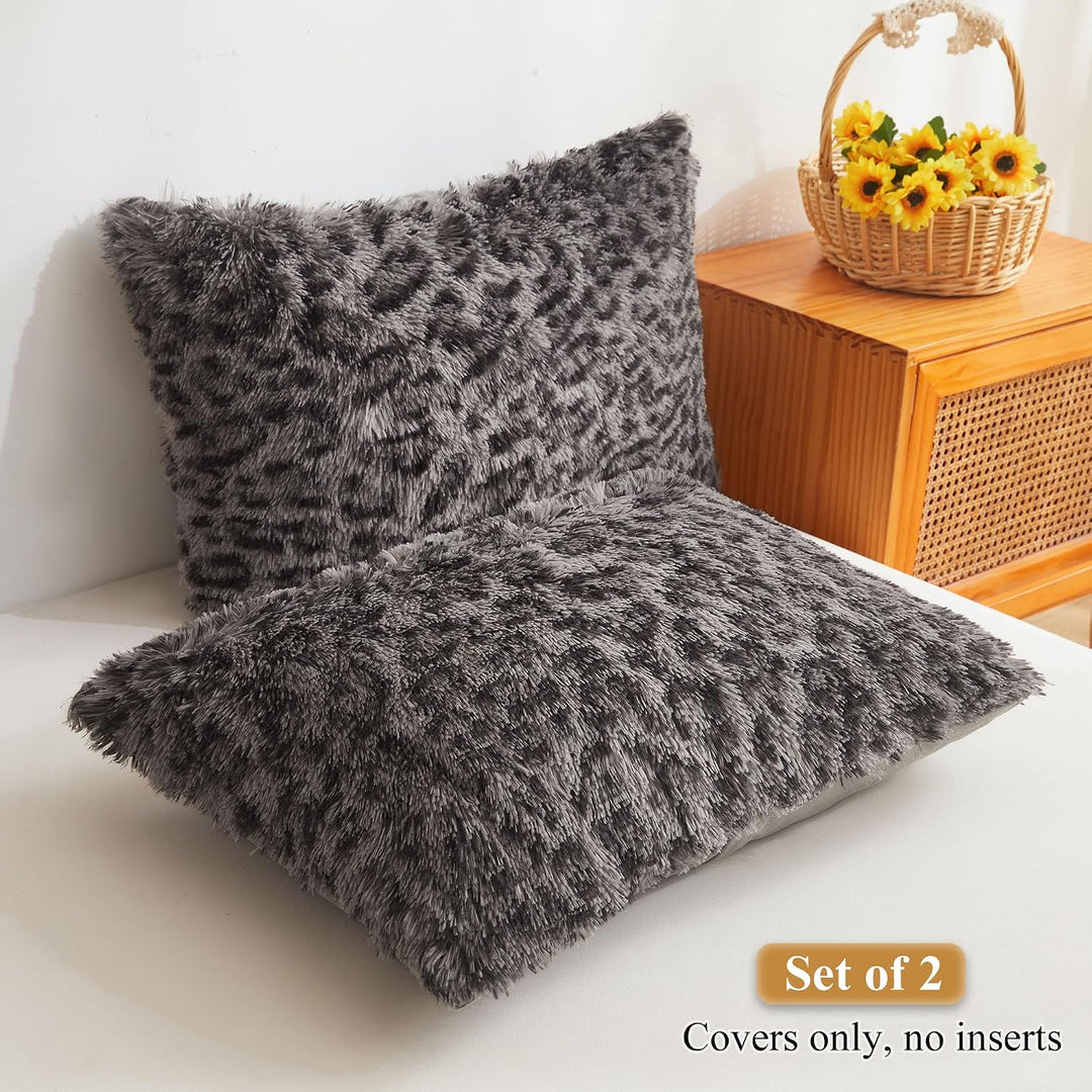 Light grey cheetah-print faux fur king pillowcase set, view 2