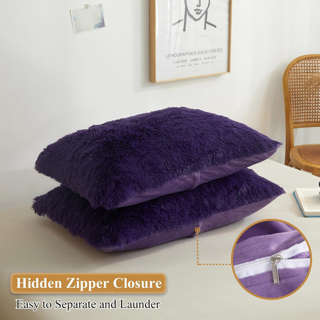 Purple shaggy faux fur standard pillowcase set, view 3