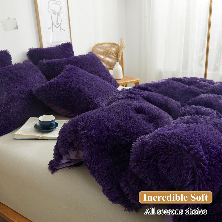 Purple shaggy faux fur standard pillowcase set, view 5