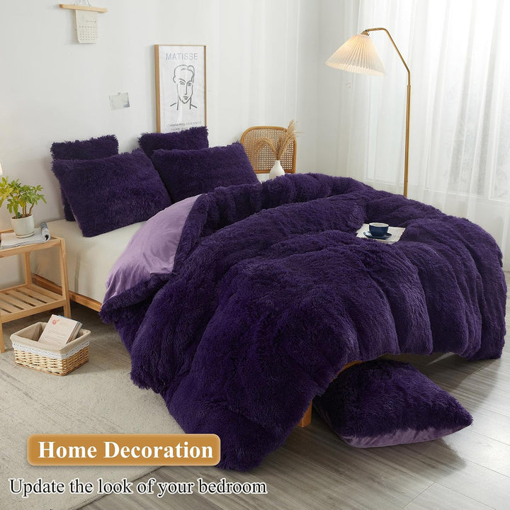 Purple shaggy faux fur standard pillowcase set, view 6