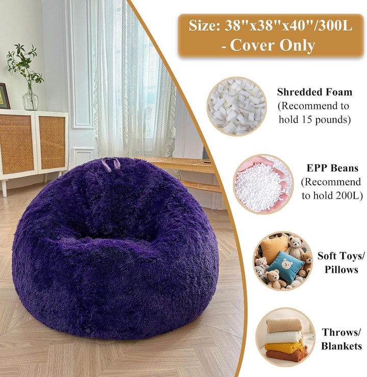Purple plush faux fur large bean bag cover, view 3