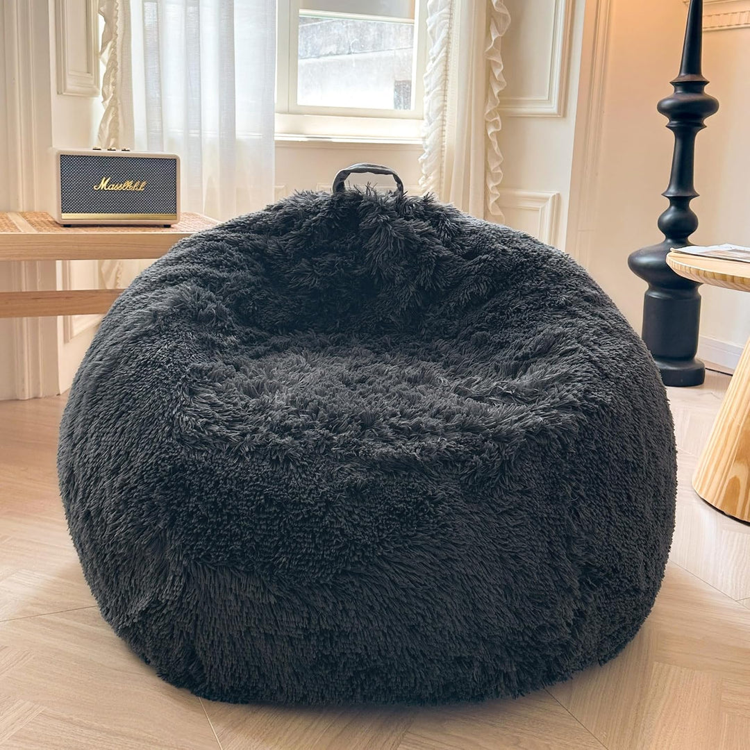 Dark grey plush faux fur large bean bag cover, view 1