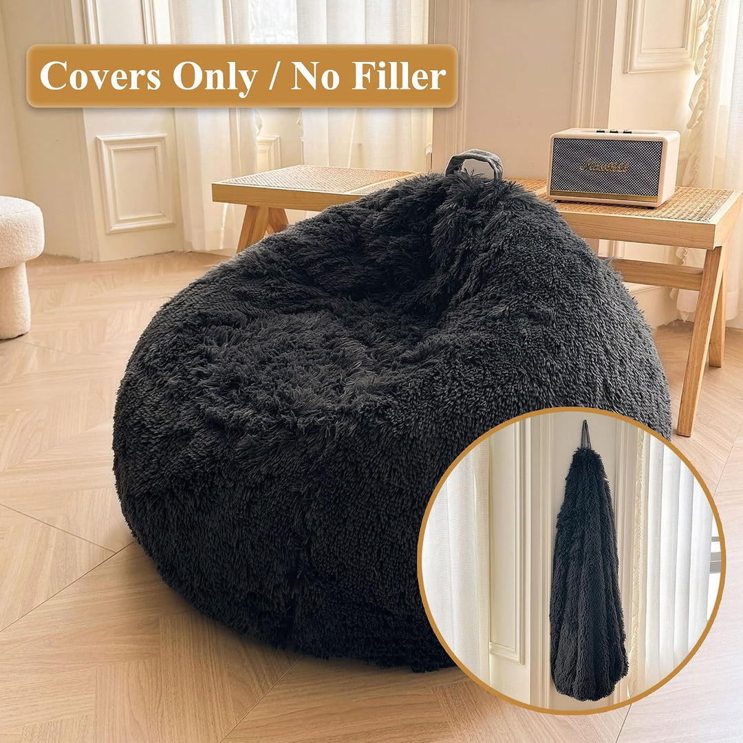 Dark grey plush faux fur large bean bag cover, view 2