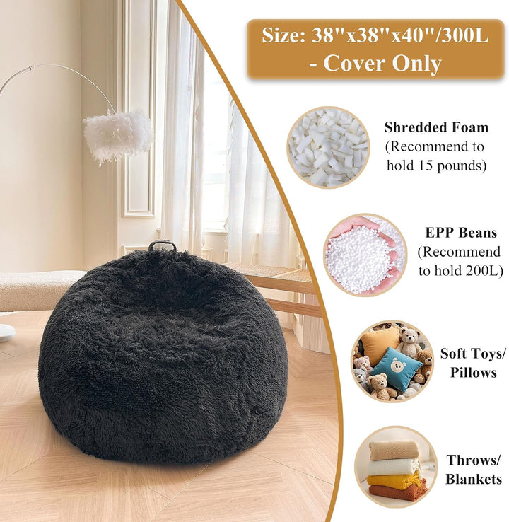 Dark grey plush faux fur large bean bag cover, view 3