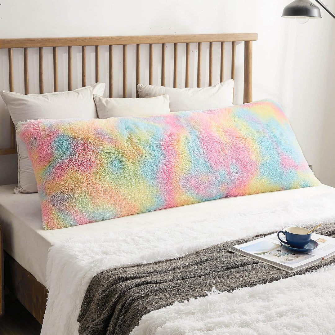 Rainbow shaggy faux fur body pillow cover, view 1