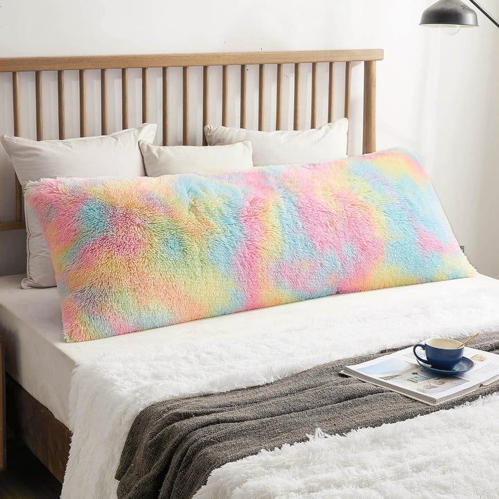 Rainbow shaggy faux fur body pillow cover, view 1