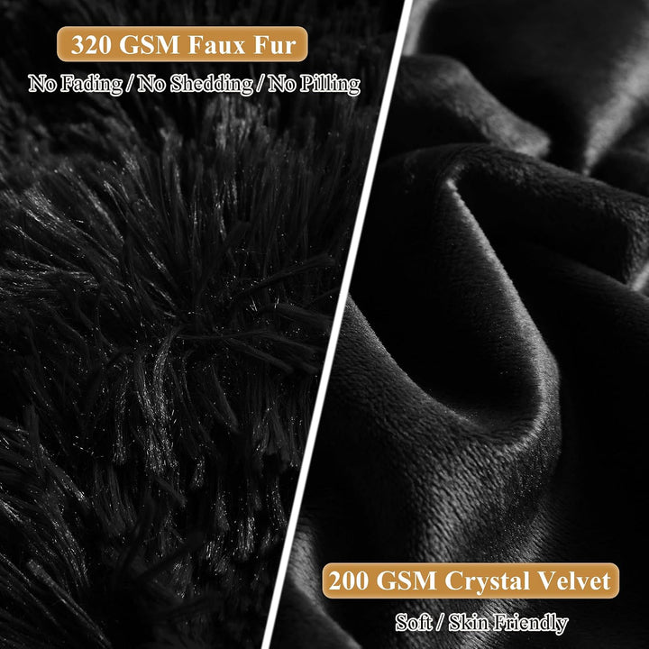 Black shaggy faux fur throw pillow cover set, view 4