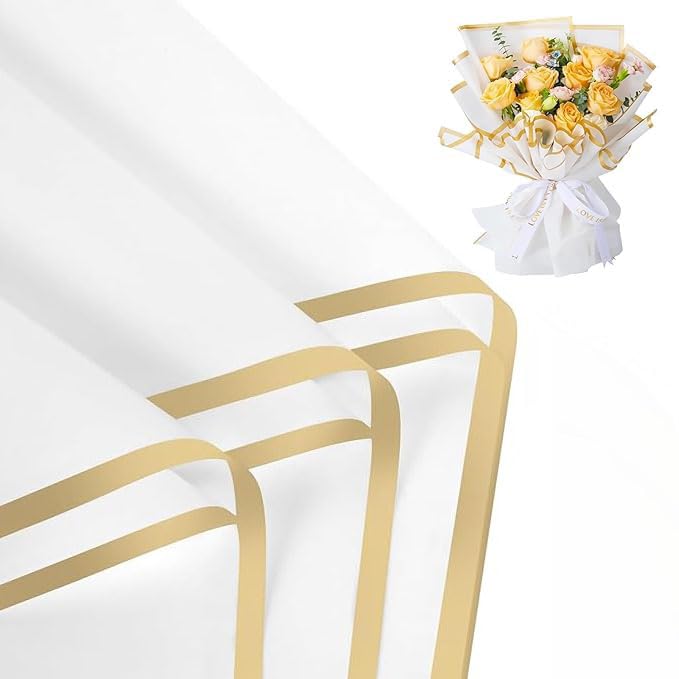 White bouquet wrapping paper with gold edge, 20 sheets