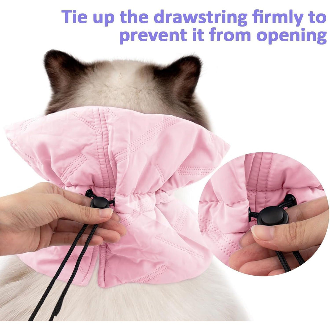 Adjustable drawstring closure on pink cat recovery collar