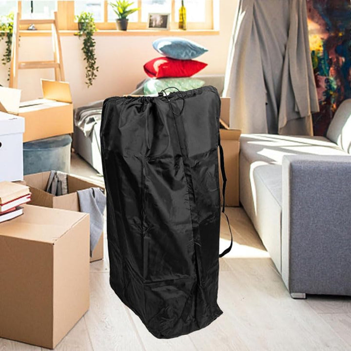 Black travel bag in storage