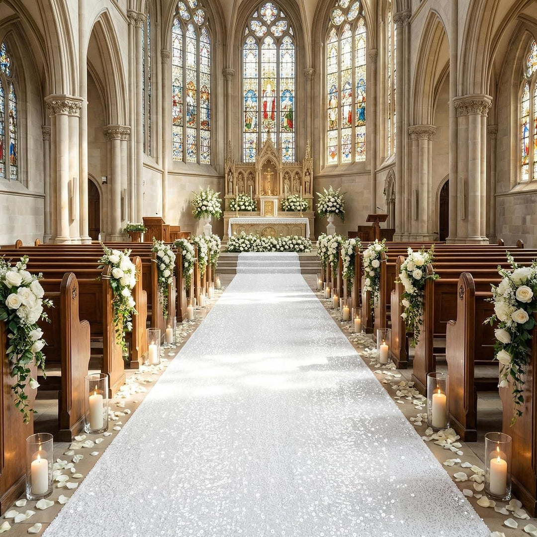 White sequin aisle runner arranged in a church aisle