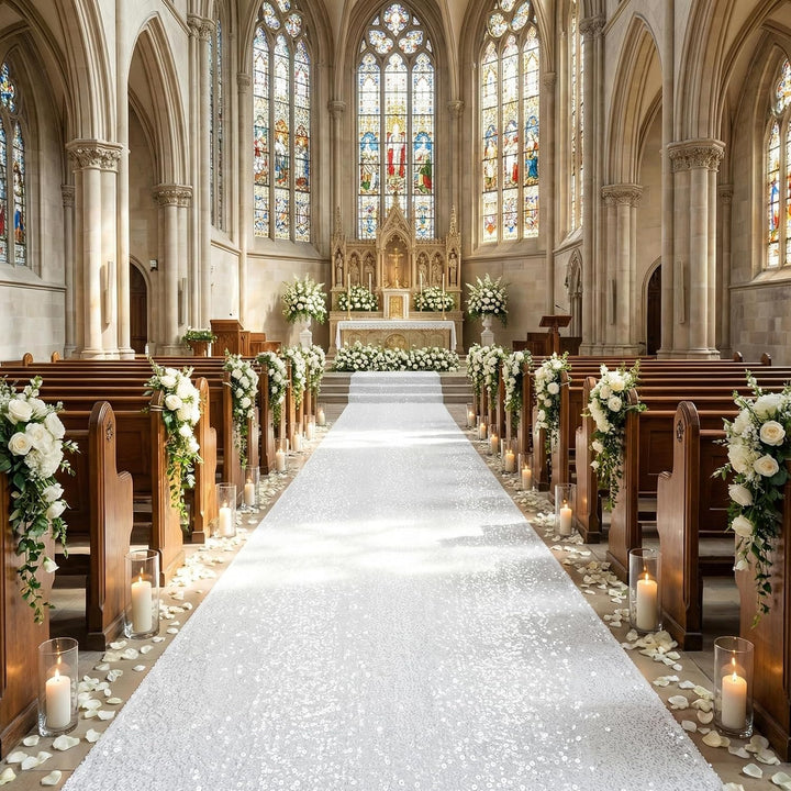 White sequin aisle runner arranged in a church aisle