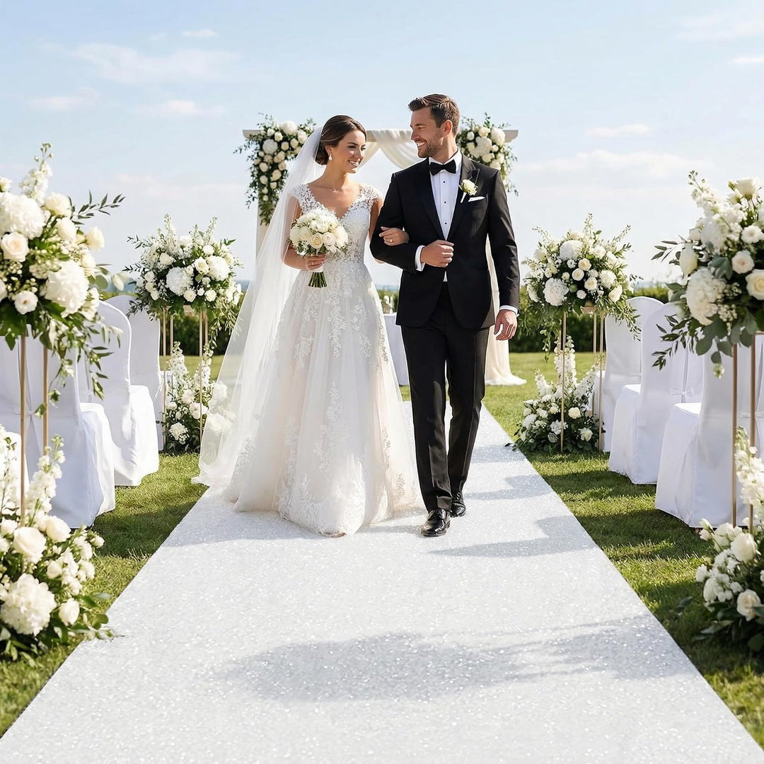 White sequin aisle runner used at an outdoor ceremony