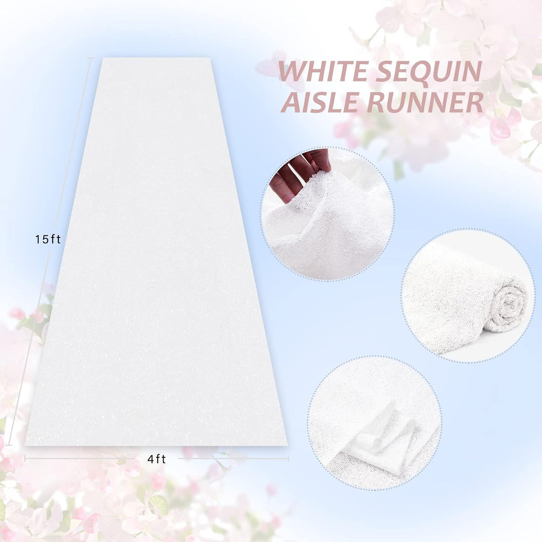 White sequin aisle runner with 4 by 15 foot size guide