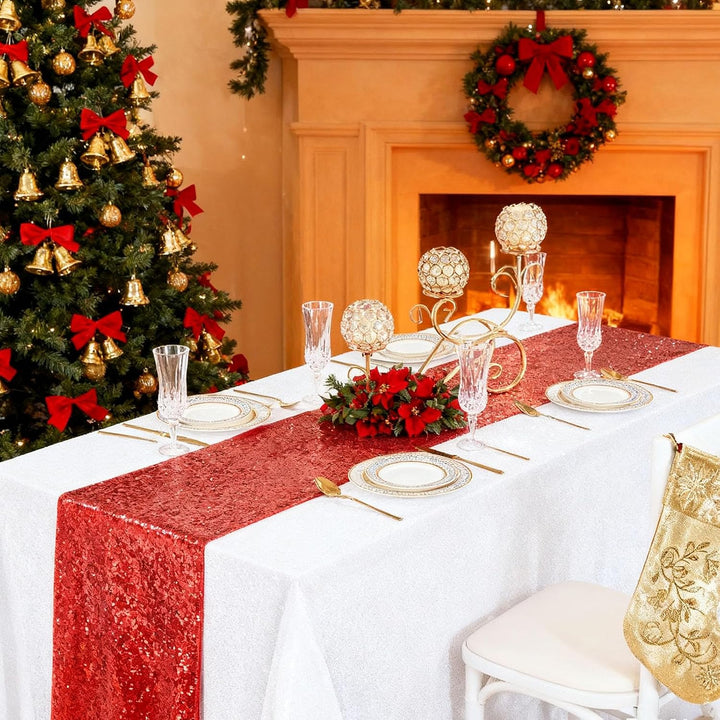 Red sequin table runner in a dining display