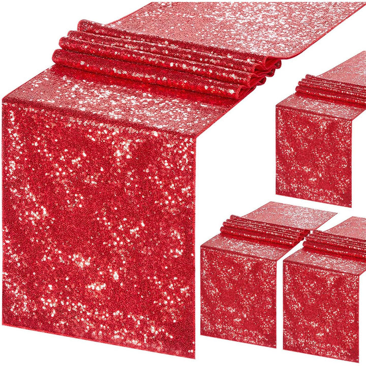 Four red sequin table runners shown as a set