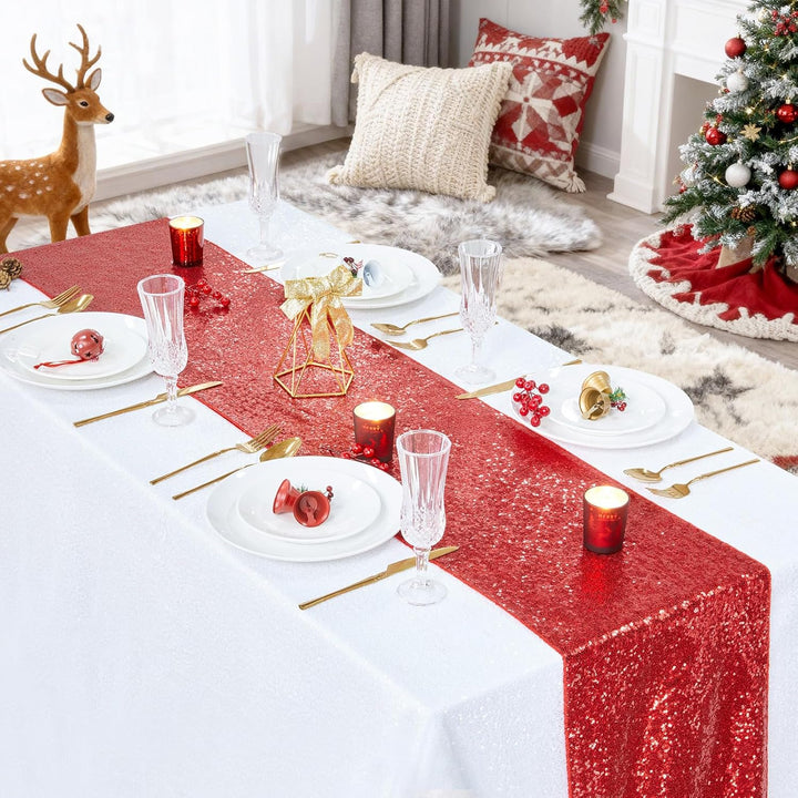 Red sequin runner used on a decorated table
