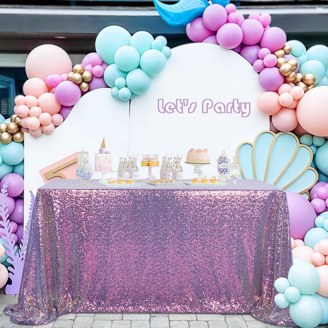 Iridescent purple sequin tablecloth on party display