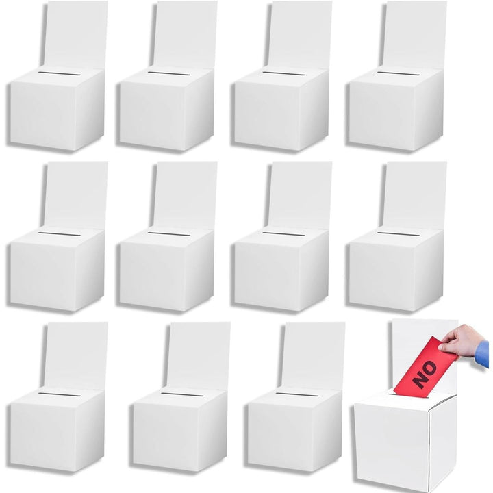Twelve white cardboard ballot boxes with writing headers