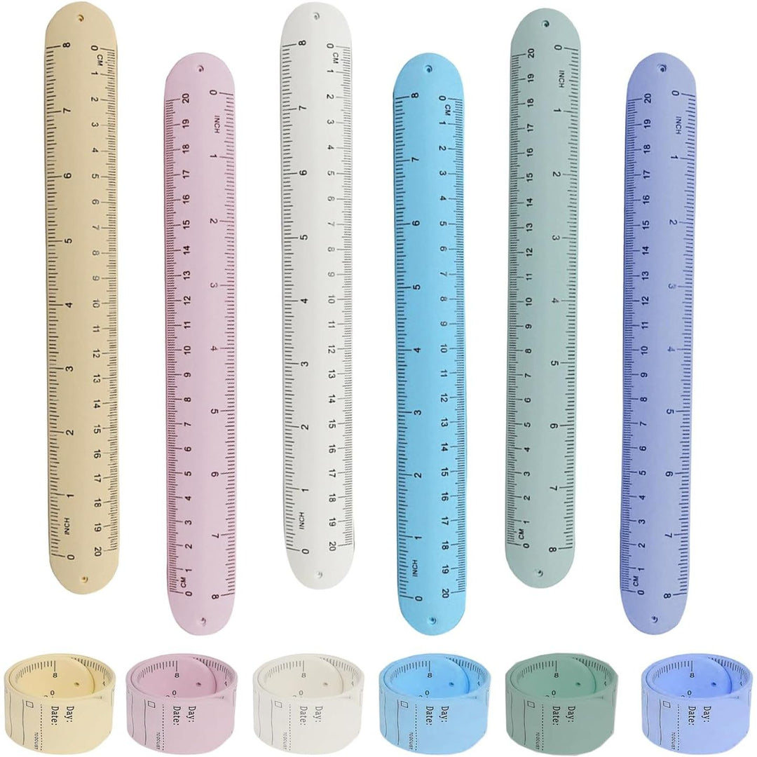 Six pastel silicone memo wristbands with ruler markings