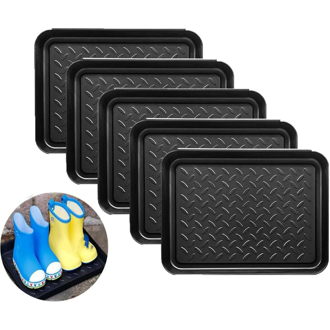 Five black raised-edge boot trays