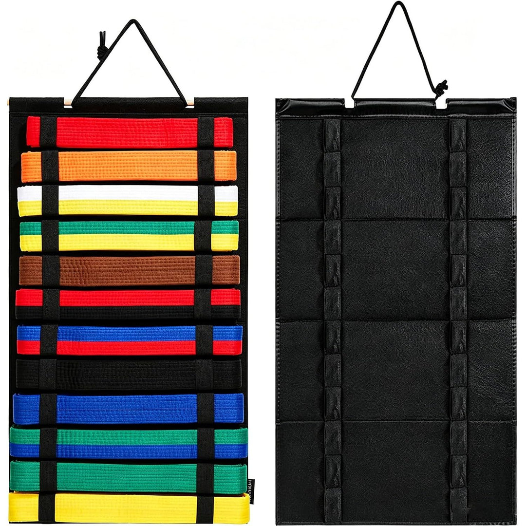 Black felt martial arts belt display front and back, belts shown for illustration