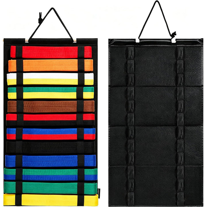 Black felt martial arts belt display front and back, belts shown for illustration