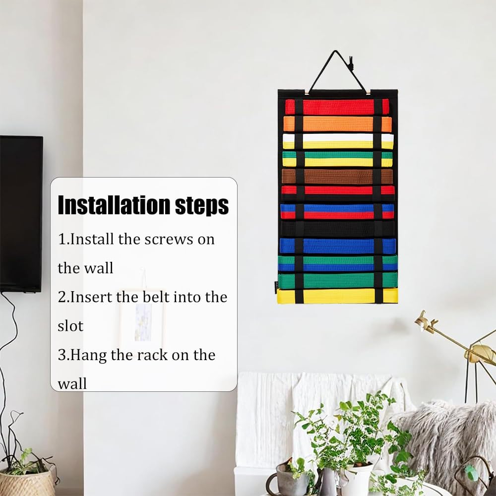 Martial arts belt holder hanging on wall