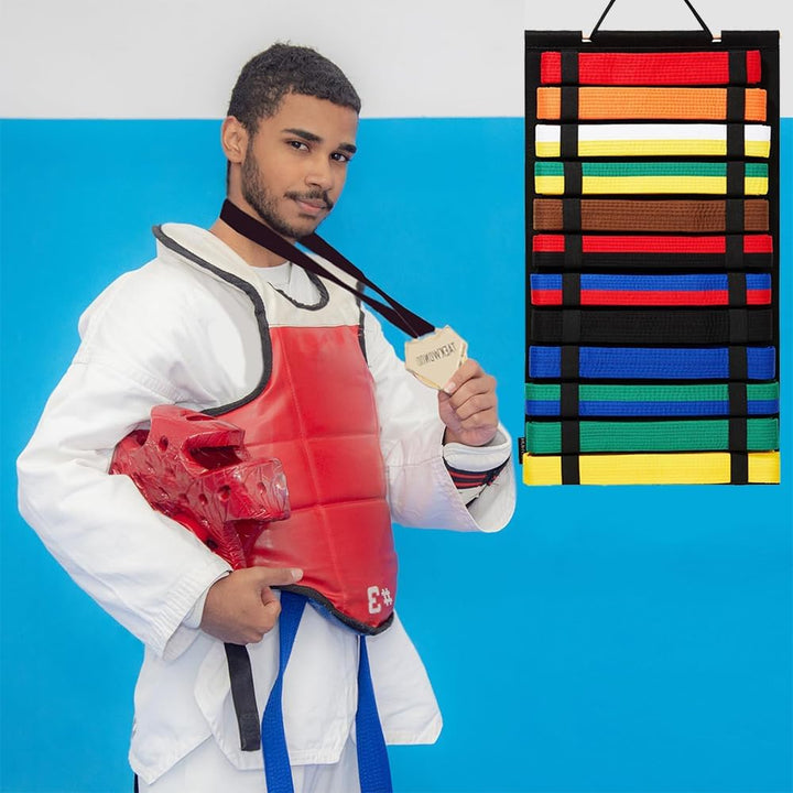 Martial arts belt display rack with achievement display example