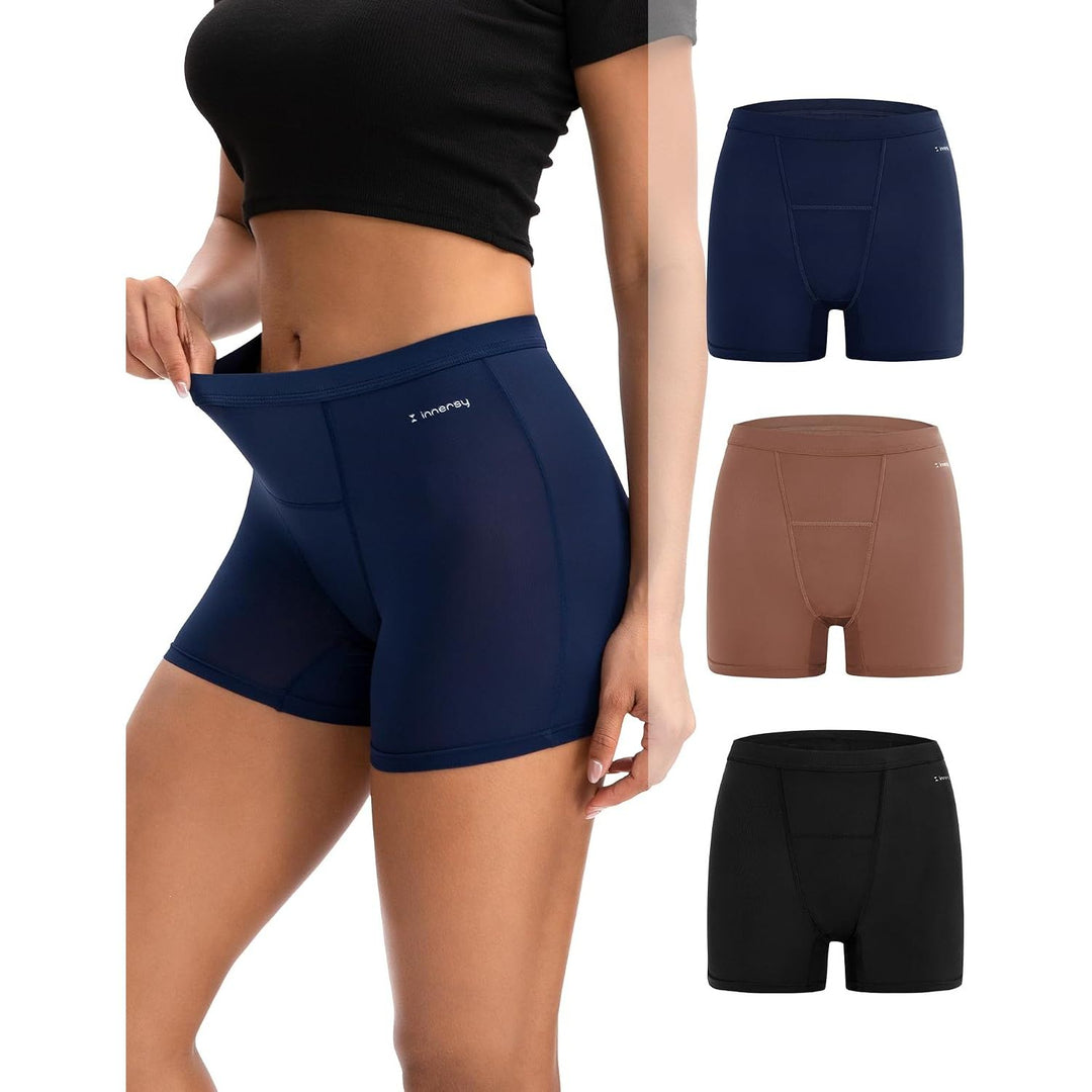 Cocoa three-pack period boyshorts, front and colours
