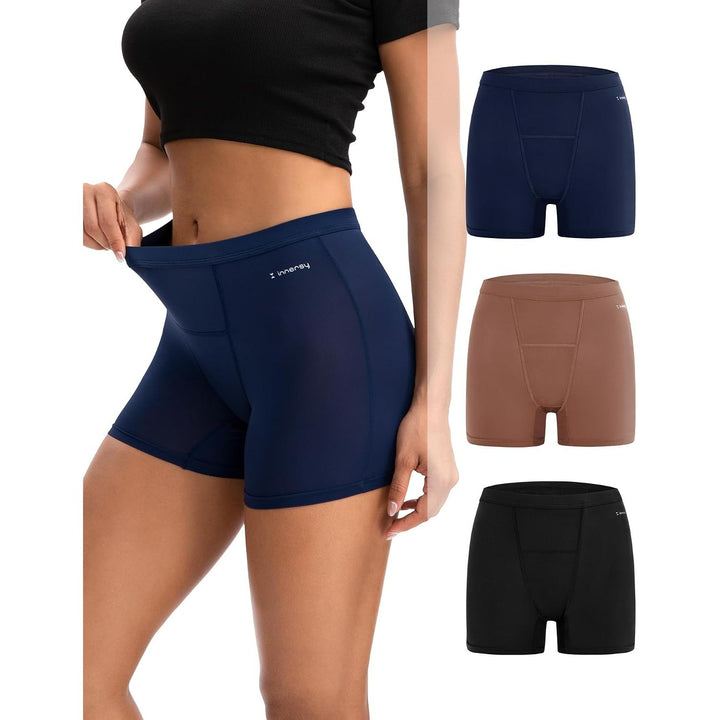 Cocoa three-pack period boyshorts, front and colours