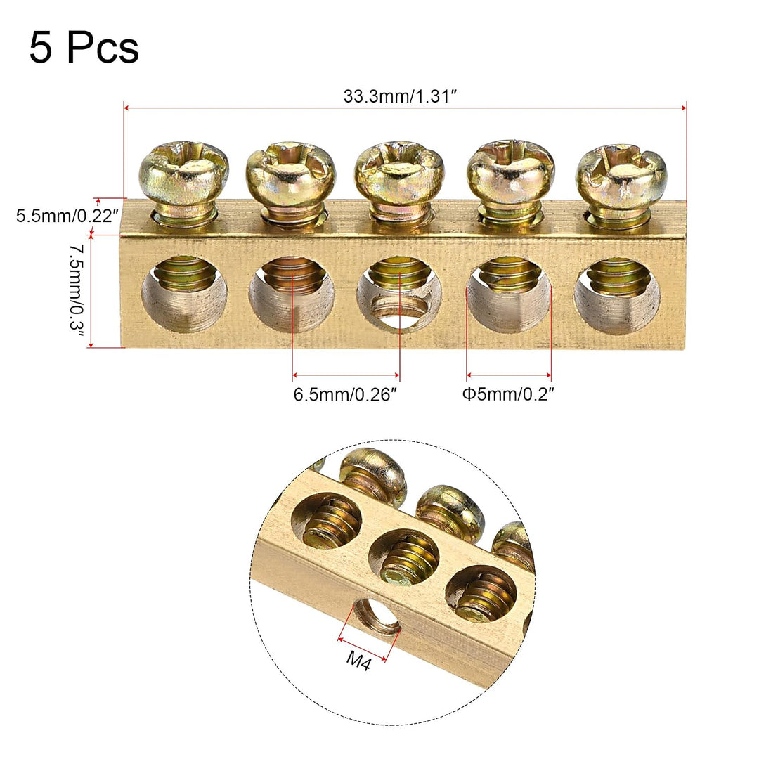 Five-position brass terminal bar dimensions and five-piece count