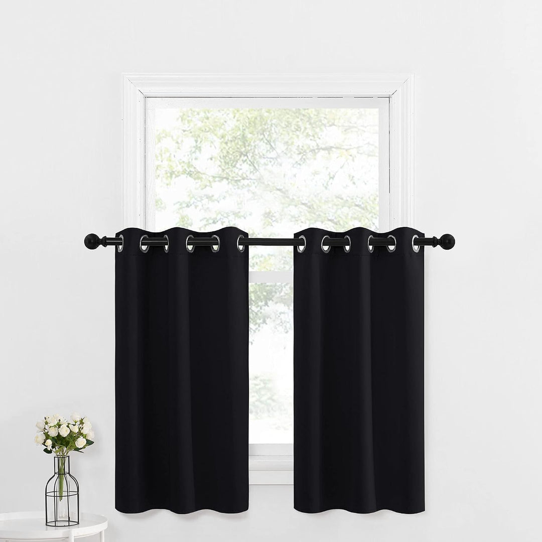 Black kitchen blackout tier curtains installed