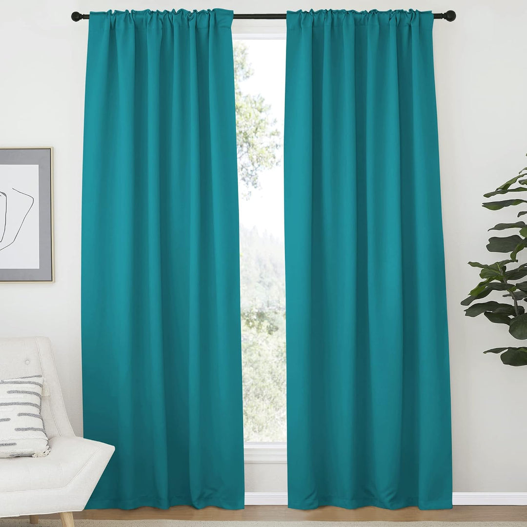 Peacock teal blackout curtains, rod pocket hanging
