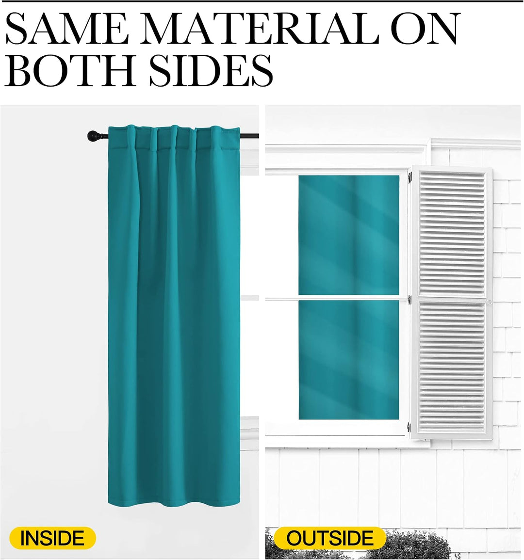 Peacock teal curtain material shown on both sides