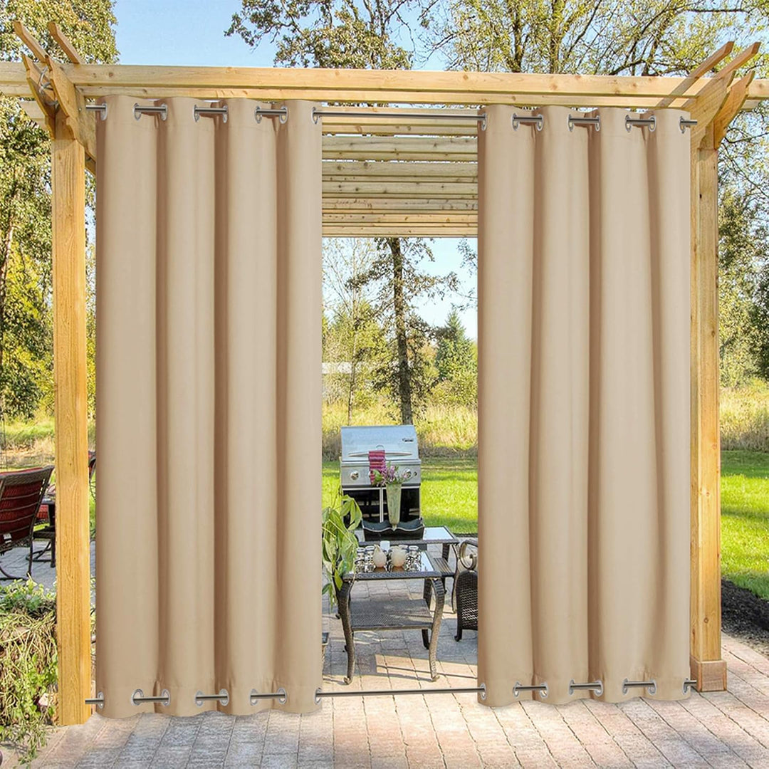 Biscotti beige outdoor curtain staged on pergola